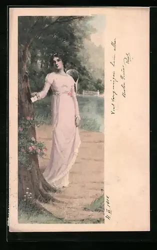 Künstler-AK M. Munk Nr. 154: Junge Dame mit Liebesbrief an einem Baum