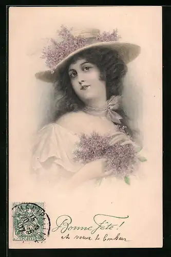 Künstler-AK M. Munk Nr. 322: Hübsche Dame mit Hut und Flieder
