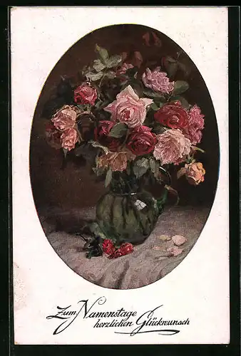 Künstler-AK M. Munk Nr. 1176: Rosen in einer Blumenvase