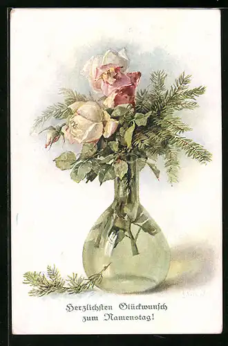 Künstler-AK M. Munk Nr. 1091: Rosen und Tannenzweige in der Vase