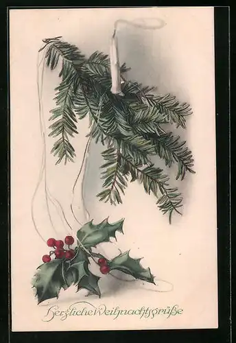 Künstler-AK M. Munk Nr. 596: Kerze auf dem Tannenzweig und Weihnachtsbeere