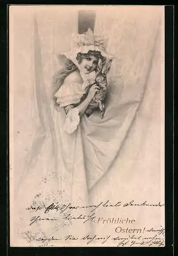 Künstler-AK V.K., Vienne Nr. 138: Junge Dame mit Osterhase hinterm Vorhang