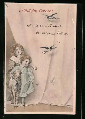 Künstler-AK V.K., Vienne Nr. 138: Fröhliche Ostern, Kinder mit Lamm und Schwalben