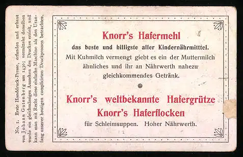 Sammelbild C. H. Knorr AG Nahrungsmittelfabriken, Gutenberg, Erste Handdruck-Presse um 1430
