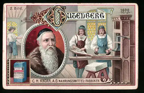 Sammelbild C. H. Knorr AG Nahrungsmittelfabriken, gutenberg, Druckpresse aus Holz 1600