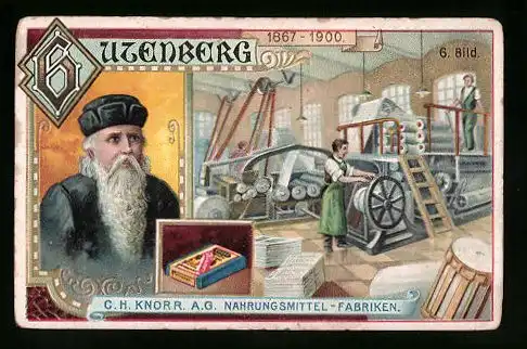 Sammelbild C. H. Knorr AG Nahrungsmittelfabriken, Gutenberg, Rotationspresse erfunden von Marioni, 1867-1900