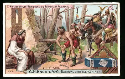 Sammelbild C. H. Knorr AG Nahrungsmittelfabriken, Reichenau, Ekkehard, Klosterbruder Heribald & die Hunnen