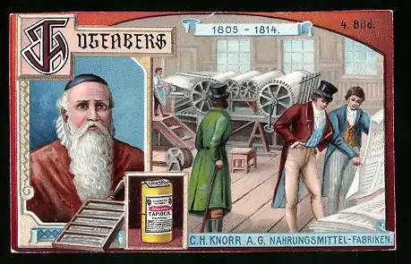 Sammelbild C. H. Knorr AG Nahrungsmittelfabriken, Gutenberg, Erste Tretpresse von Hobkinson erfunden 1805-1814
