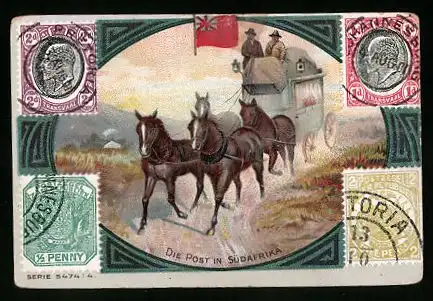 Sammelbild Magdeburg, Joh. Gottl. Hauswaldt, Südafrika, Die Post in Südafrika, Briefmarken