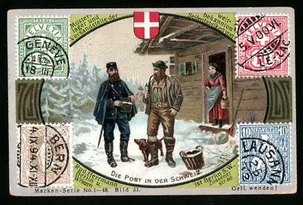 Sammelbild Berlin, Rud. Herrmann Seifenfabriken u. Parfümerie, Zossnerstrasse 60, Schweiz, Die Post in der Schweiz