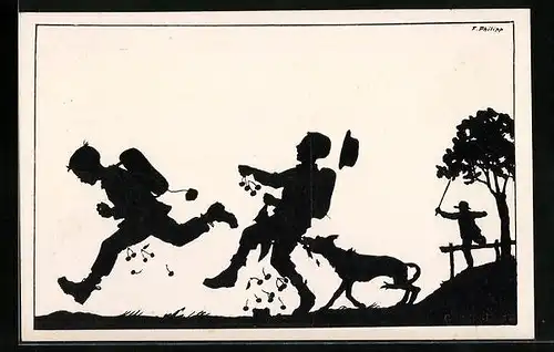Künstler-AK sign. F. Philipp: Schattenbild, Zwei Schuljungen laufen mit Kirschen weg