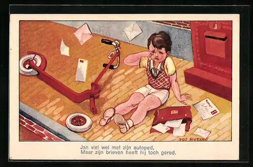 Künstler-AK sign. Jos. Ruting: Jan viel wel met zijn autoped...