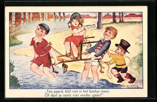 Künstler-AK sign. Jos. Ruting: Toe paard, blijf niet in het beekje staan...