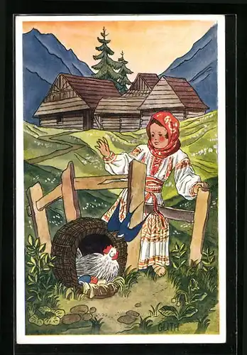 Künstler-AK sign. Guth: Junge Frau in Tracht mit Huhn im Korb, Ostergruss
