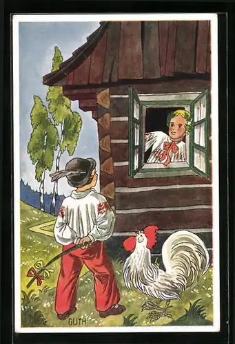Künstler-AK sign. Guth: Junge Mann mit Hahn bei Frau am Fenster, Ostergruss