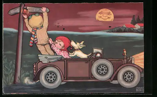 Künstler-AK Margret Boriss: Pärchen mit Hund im Auto bei Sonnenuntergang