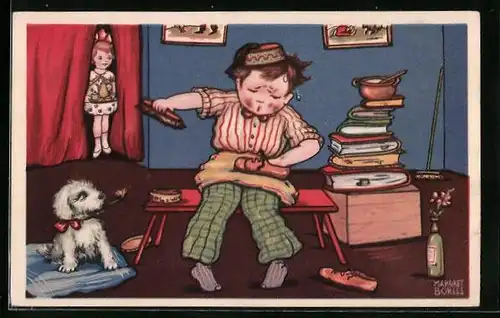 Künstler-AK Margret Boriss: Junger Mann putzt seine Schuhe