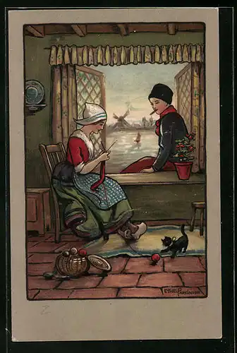 Künstler-AK Ethel Parkinson: Holländerin beim Stricken und Holländer am Fenster, Im Hintergrund Windmühlen