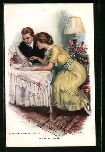 Künstler-AK Lester Ralph: The Home Guard, Junges Paar bei Baby an der Wiege