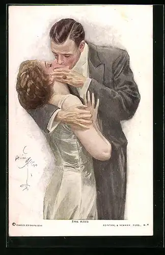 Künstler-AK Harrison Fisher: The Kiss, Mann und Frau küssen sich