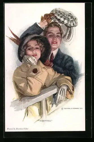 Künstler-AK Harrison Fisher: Farewell, Junge Frau im Mantel und Herr mit Mütze