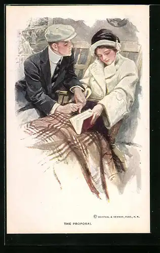 Künstler-AK Harrison Fisher: The Proposal, Junger Herr hält Hand von Frau mit Buch