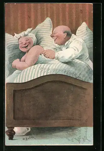 Künstler-AK O. Huber: Mann kitzelt seine Frau im Bett