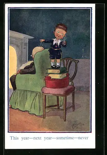 Künstler-AK T. Gilson: This year - next year-sometime-never, frecher Bube zupft die Haare seines schlafenden Grossvaters