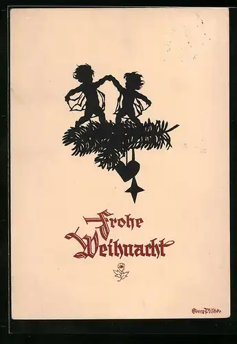 Künstler-AK Georg Plischke: Frohe Weihnacht, Engel tanzen auf einem Tannenzweig, Scherenschnitt