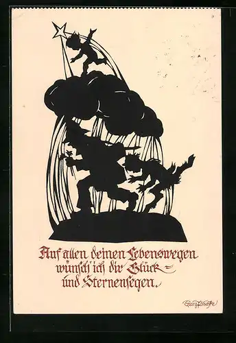 Künstler-AK Georg Plischke: Auf allen deinen Lebenswegen..., Jäger im Wolkenguss, Scherenschnitt