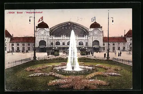 AK Basel, Hauptbahnhof mit Strassenbahnen