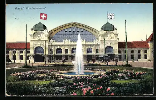 AK Basel, Bundesbahnhof von den Anlagen gesehen