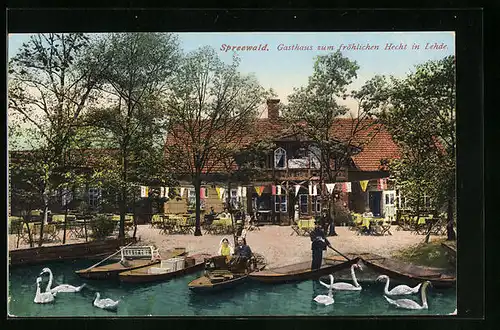AK Lehde /Spreewald, Gasthaus zum fröhlichen Hecht mit Booten