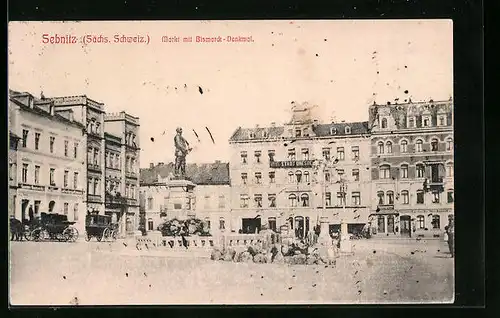 AK Sebnitz /Sächs. Schweiz, Markt mit Geschäften und Bismarck-Denkmal