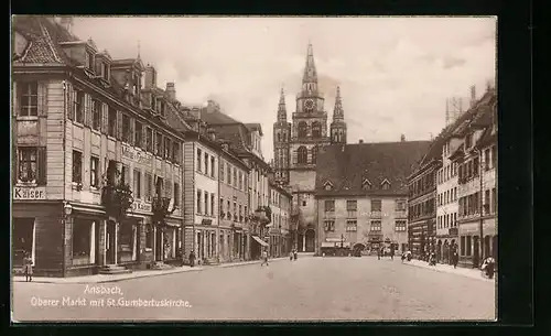 AK Ansbach, Oberer Markt mit Geschäften und St. Gumbertuskirche