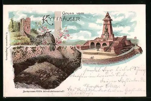 Lithographie Kyffhäuser, Kyffhäuser-Denkmal, Ruine, Schweizerlandschaft mit Barbarossa-Höhle