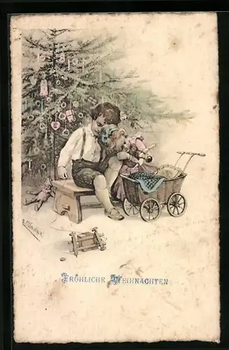 Künstler-AK E. Döcker: Kinderpaar mit Puppe sitzt am Weihnachtsbaum, Weihnachtsgruss