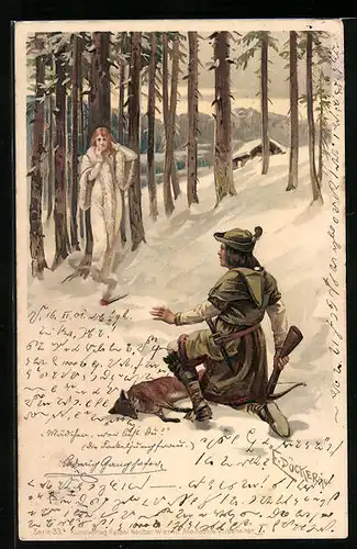 Künstler-AK E. Döcker: Jäger mit erlegtem Fuchs und Frau im Schnee