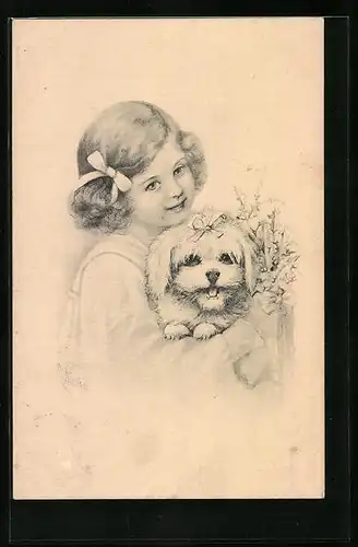 Künstler-AK E. Döcker: Mädchen mit Hund auf dem Arm