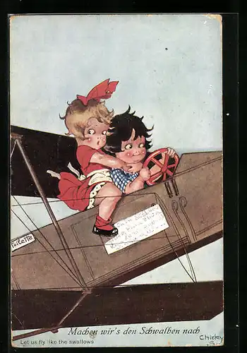 Künstler-AK Chicky Spark: Machen wir`s den Schwalben nach, Pärchen im Flugzeug
