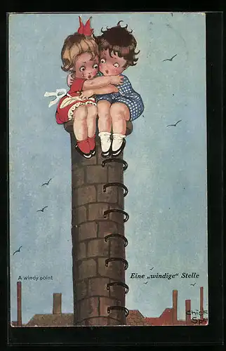 Künstler-AK Chicky Spark: Eine windige Stelle, Pärchen sitzt auf dem Schornstein