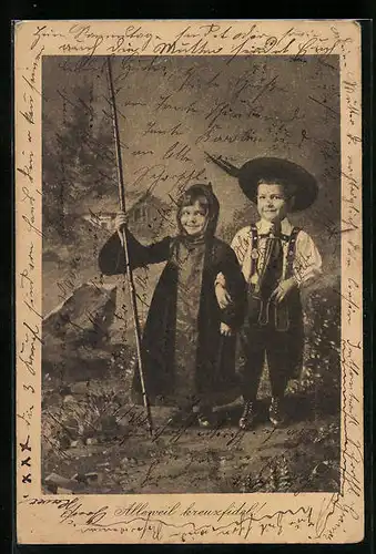 AK Alleweil kreuzfidel!, Münchner Kindl und Junge in Tracht