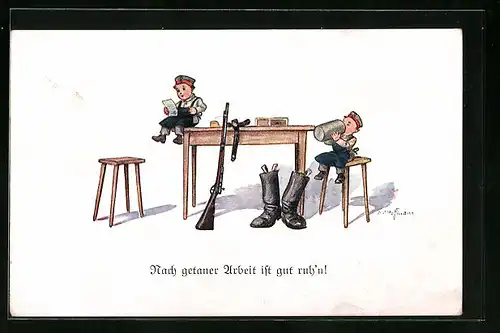 Künstler-AK Ad. Hoffmann: Kleine Soldaten am Tisch mit Gewehr und Stiefeln