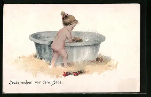 Künstler-AK Elly Frank: Mädchen vor grossem Waschzuber