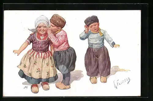 Künstler-AK Karl Feiertag: Junge flüstert Mädchen ins Ohr