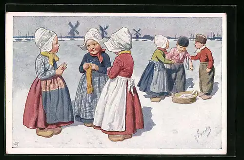 Künstler-AK Karl Feiertag: Kinder in holländischer Tracht am Meer