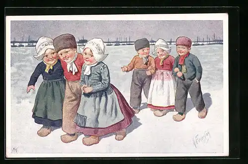 Künstler-AK Karl Feiertag: Kinder gehen am Meer spazieren