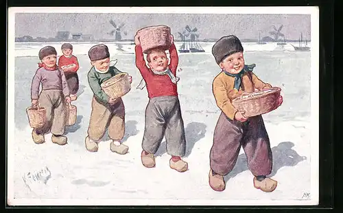 Künstler-AK Karl Feiertag: Jungen mit Fischkörben im Schnee