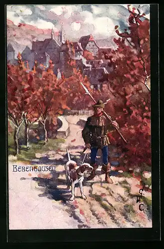Künstler-AK Bebenhausen, Teilansicht und Wächter mit Hund