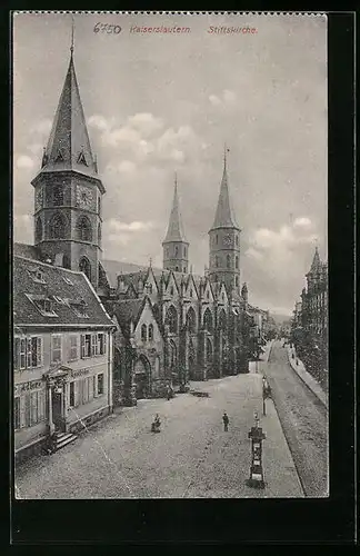 AK Kaiserslautern, Strassenpartie mit Adler-Apotheke und Stiftskirche